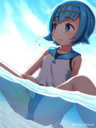 Rule 34 | 1girl, arisu kazumi, artist name, bare legs, bare shoulders, blue eyes, blue hair, blue sailor collar, blush, breasts, creatures (company), day, game freak, hairband, highres, lana (pokemon), looking away, nintendo, ocean, one-piece swimsuit, outdoors, partially submerged, partially underwater shot, pee, peeing, peeing self, peeing underwater, pokemon, pokemon sm, presenting, sailor collar, shirt, short hair, sitting, sky, sleeveless, sleeveless shirt, small breasts, solo, spread legs, swimsuit, thighs, trial captain, water, wavy mouth