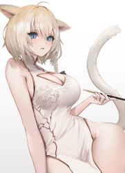 Rule 34 | 1girl, absurdres, ahoge, animal ears, bare arms, blonde hair, blue eyes, blush, braid, breasts, cat ears, cat tail, china dress, chinese clothes, cleavage, cleavage cutout, clothing cutout, cowboy shot, cyobiro, dress, final fantasy, final fantasy xiv, hair between eyes, highres, holding, holding smoking pipe, large breasts, leaning back, looking at viewer, medium hair, miqo&#039;te, parted lips, simple background, single braid, smoking pipe, solo, tail, thighs, warrior of light (ff14), white background