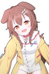 Rule 34 | 1girl, :d, animal ears, blush, bone hair ornament, braid, breasts, brown eyes, brown hair, cartoon bone, collar, commentary request, dog ears, dog girl, dog tail, dress, fang, hair between eyes, hair ornament, hair over shoulder, head tilt, highres, hololive, inugami korone, inugami korone (1st costume), jacket, off shoulder, open clothes, open jacket, open mouth, red collar, simple background, sleeveless, sleeveless dress, small breasts, smile, solo, starfox1015, tail, tail raised, twin braids, virtual youtuber, white background, white dress, yellow jacket