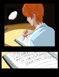 Rule 34 | 00s, 1boy, artist request, collared shirt, comic, creepy, death note, death note (object), desk, desk lamp, from behind, jpeg artifacts, lamp, male focus, orange hair, pencil, shirt, solo, steve irwin, what, white shirt, writing, yagami light