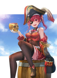 Rule 34 | 1girl, barrel, black footwear, black thighhighs, boots, breasts, cloud, coat, commentary request, covered navel, cup, eyepatch, gloves, gold, hair ribbon, hat, holding, holding skull, hololive, houshou marine, leg up, lens flare, medium breasts, outdoors, panties, pantyshot, peaked cap, pirate hat, red hair, red skirt, ribbon, sitting, sitting on object, skirt, skull, solo, thighhighs, thighs, underwear, virtual youtuber, vococo, white gloves