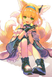 Rule 34 | 1girl, :d, absurdres, animal ears, arknights, bare shoulders, black footwear, black gloves, blonde hair, blue hairband, boots, braid, commentary request, dogdogbhh, fox ears, fox girl, fox tail, frilled skirt, frills, gloves, green eyes, hair between eyes, hair rings, hairband, highres, interlocked fingers, kitsune, kyuubi, multicolored hair, multiple tails, open mouth, own hands together, pantyhose, purple skirt, shirt, single glove, sitting, skirt, smile, solo, suzuran (arknights), tail, torn clothes, torn pantyhose, twin braids, two-tone hair, white background, white hair, white pantyhose, white shirt