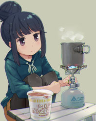 Rule 34 | 1girl, :&lt;, backpacking stove, black pantyhose, blue fire, blue sweater, blush, closed mouth, commentary request, drawstring, fire, grey background, hair bun, highres, hood, hood down, hooded sweater, hoodie, legs together, looking away, minawa, miniskirt, nissin cup noodle, orange skirt, pantyhose, pantyhose under shorts, portable stove, pot, purple eyes, ribbon, shima rin, short hair, shorts, sidelocks, simple background, single hair bun, skirt, solo, squatting, steam, sweater, white ribbon, yurucamp