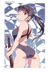 Rule 34 | 1girl, ass, black hair, blue one-piece swimsuit, blush, breasts, closed mouth, em (totsuzen no hakike), eyepatch, from behind, long hair, looking at viewer, looking back, medium breasts, one-piece swimsuit, ponytail, print eyepatch, sakamoto mio, school swimsuit, shiny clothes, shiny skin, solo, standing, strike witches, swimsuit, world witches series