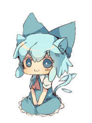 Rule 34 | &gt;:3, 1girl, :3, animal ears, bad id, bad pixiv id, blue dress, blue eyes, blue hair, bow, cat ears, cat tail, chibi, cirno, dress, eyebrows, hair bow, hands on lap, masirosu, matching hair/eyes, sitting, solo, tail, thick eyebrows, touhou, v-shaped eyebrows, wings