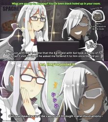 Rule 34 | 1boy, 1girl, black gloves, chibi, chibi inset, cioccolatodorima, english text, fake screenshot, glasses, gloves, hair over one eye, hand on own cheek, hand on own face, opaque glasses, original, planetary moe, poster (object), silver hair, star-shaped pupils, star (symbol), sunglasses, symbol-shaped pupils