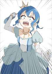 Rule 34 | 1girl, alternate costume, alternate hairstyle, anger vein, angry, blonde hair, blue dress, blue eyes, blue hair, bracelet, brat (brabrabrat00), breasts, collarbone, dress, emphasis lines, fangs, glass slipper, gloves, highres, holding, holding clothes, holding footwear, hololive, hoshimachi suisei, jewelry, mini tiara, multicolored hair, necklace, open mouth, puffy short sleeves, puffy sleeves, short sleeves, sketch, small breasts, solo, streaked hair, teeth, tongue, upper teeth only, virtual youtuber, white gloves