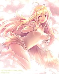 Rule 34 | 1girl, ;d, ahoge, bare legs, bare shoulders, barefoot, blonde hair, breasts, dated, dress, feathers, female focus, fur collar, fur trim, green eyes, happy birthday, hoshii miki, idolmaster, idolmaster (classic), ima (lm ew), long hair, looking at viewer, non-web source, one eye closed, open mouth, smile, solo, sparkle, tongue, v, white dress, wings