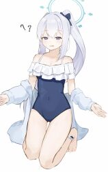 Rule 34 | 1girl, ?, ??, absurdres, bare shoulders, barefoot, blue archive, blue bow, blue jacket, blue one-piece swimsuit, blush, bow, collarbone, commentary request, covered navel, frilled one-piece swimsuit, frills, grey background, grey eyes, grey hair, hair bow, hair intakes, half-closed eyes, halo, highres, jacket, kneeling, long sleeves, miyako (blue archive), miyako (swimsuit) (blue archive), off-shoulder one-piece swimsuit, off shoulder, one-piece swimsuit, open clothes, open jacket, parted lips, ponytail, puffy long sleeves, puffy sleeves, simple background, sleeves past wrists, solo, sweat, swimsuit, uuc (yuyudanngo)