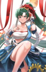 Rule 34 | 1girl, :d, bandages, blue shirt, blue skirt, blush, breasts, burnt green tea, chest sarashi, cleavage, collarbone, commentary, cowboy shot, fire emblem, fire emblem: the blazing blade, fire emblem heroes, green eyes, green hair, hand on own hip, hand up, highres, holding, large breasts, long hair, looking at viewer, lyn (fire emblem), mask, mask on head, nintendo, official alternate costume, open mouth, ponytail, sarashi, shirt, simple background, single-shoulder shirt, single bare shoulder, single sleeve, skirt, smile, solo, standing, strapless, tube top, very long hair, white background