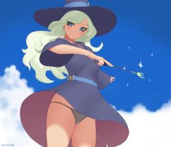 Rule 34 | 1girl, belt, black dress, black hat, black panties, blue eyes, blue sky, blush, closed mouth, cloud, commentary, day, diana cavendish, dress, english commentary, green hair, hat, holding, holding wand, kuroonehalf, little witch academia, long hair, long sleeves, outdoors, panties, pantyshot, skindentation, sky, solo, sparkle, standing, swept bangs, tsurime, underwear, upskirt, wand, wavy hair, wide sleeves, witch hat