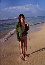 Rule 34 | beach, highres, kinoshita ayumi, open clothes, open shirt, panties, photo (medium), sand, shirt, underwear
