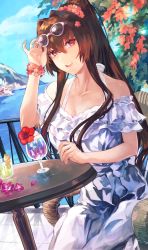 Rule 34 | 1girl, alternate costume, bad id, bad twitter id, breasts, brown hair, chair, cleavage, cloud, cup, day, dress, drinking glass, eyewear on head, flower, fukazaki, hair flower, hair ornament, hibiscus, highres, kantai collection, large breasts, long hair, ocean, open mouth, outdoors, pink flower, ponytail, red eyes, red flower, sidelocks, sitting, sky, solo, sunglasses, table, water, white dress, yamato (kancolle)