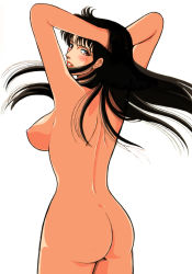 Rule 34 | 1980s (style), 1girl, arms up, ass, black hair, blush, breasts, cat&#039;s eye, female focus, from behind, kisugi hitomi, lipstick, looking back, makeup, nipples, nude, oldschool, parted lips, retro artstyle, simple background, solo, white background