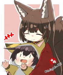 Rule 34 | 2girls, :d, ^ ^, alternate costume, amagi (azur lane), animal costume, animal ear fluff, animal ears, azur lane, black hair, blunt bangs, brown hair, closed eyes, commentary request, eyeshadow, fox costume, fox ears, fox girl, fox tail, hair between eyes, hair ornament, japanese clothes, kaga (kancolle), kantai collection, kitsune, kyuubi, long hair, long sleeves, looking at another, makeup, multiple girls, multiple tails, open mouth, sidelocks, signature, simple background, smile, tail, taisa (kari), thick eyebrows, twitter username, two-tone background, wide sleeves
