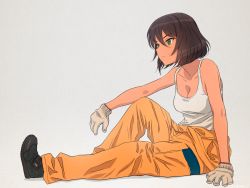 Rule 34 | 1girl, akagi (fmttps), arm on knee, arm support, artist name, black footwear, breasts, brown hair, cleavage, closed mouth, clothes around waist, commentary, dark-skinned female, dark skin, from side, girls und panzer, gloves, green eyes, grey background, hoshino (girls und panzer), jumpsuit, leg up, light frown, mechanic, medium breasts, orange jumpsuit, shadow, shirt, shoes, short hair, sitting, solo, tank top, tied shirt, twitter username, uniform, white gloves, white shirt