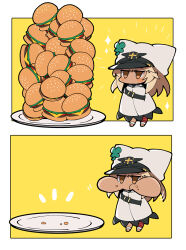 Rule 34 | 1girl, blonde hair, brown eyes, burger, cabbie hat, cape, chibi, food, guilty gear, guilty gear strive, hat, hat with ears, highres, itsuka neru, long hair, plate, ramlethal valentine, sidelocks, sparkle, too much burger, white cape, white headwear, yellow background