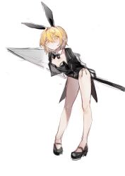 Rule 34 | 1girl, animal ears, black footwear, black jacket, black leotard, blonde hair, closed mouth, coattails, don quixote (project moon), fake animal ears, fructoseies, highres, holding, holding polearm, holding weapon, jacket, lance, leaning forward, leotard, limbus company, looking at viewer, polearm, project moon, rabbit ears, shoes, short hair, smile, solo, weapon, yellow eyes