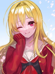 Rule 34 | 1girl, :t, ;), absurdres, ahoge, blonde hair, cardigan, eyelashes, hand on own cheek, hand on own face, highres, idolmaster, idolmaster cinderella girls, idolmaster cinderella girls starlight stage, kurosaki chitose, long hair, long sleeves, looking at viewer, one eye closed, red cardigan, red eyes, school uniform, simple background, smile, solo, upper body, very long hair, woruka