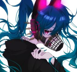 Rule 34 | 1girl, animal ear headphones, animal ears, aqua nails, blue hair, cat ear headphones, cat ears, claw pose, eiku, fake animal ears, fingernails, floating hair, hair between eyes, hatsune miku, headphones, highres, long hair, long sleeves, looking at viewer, looking back, muzzle, nail polish, red eyes, sharp fingernails, simple background, solo, spikes, tongue, tongue out, twintails, upper body, vocaloid, white background