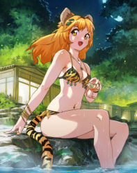 Rule 34 | 1girl, absurdres, animal ears, animal print, bangle, bikini, bracelet, breasts, building, chinese zodiac, cocktail glass, cup, drinking glass, fang, hair ornament, highres, holding, holding cup, jewelry, letro, long hair, medium breasts, moon, multicolored hair, nail polish, necklace, night, open mouth, orange hair, orange nails, original, outdoors, rock, sitting, sky, soaking feet, solo, swimsuit, tail, tiger ears, tiger girl, tiger print, tiger tail, tree, water, wet, year of the tiger, yellow eyes
