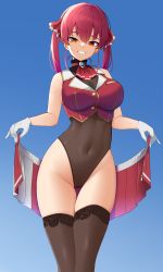 Rule 34 | 1girl, absurdres, ascot, black thighhighs, blue background, breasts, cameltoe, cleavage, cleft of venus, commentary, covered navel, crop top, cropped jacket, gloves, gradient background, grin, hair ornament, heterochromia, highleg, highleg leotard, highres, hololive, houshou marine, jacket, large breasts, leotard, long hair, looking at viewer, red ascot, red hair, red jacket, red skirt, see-through, see-through cleavage, skirt, unworn skirt, smile, solo, standing, thigh gap, thighhighs, twintails, two-tone shirt, virtual youtuber, white gloves, white skirt, z.taiga