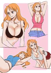 Rule 34 | 1girl, armpits, ass, bracelet, breasts, brown eyes, cleavage, curvy, downblouse, earrings, covered erect nipples, female focus, flower, from behind, hanging breasts, hip focus, huge ass, jewelry, large breasts, long hair, looking at viewer, lying, nami (one piece), no bra, on side, one piece, orange hair, parted lips, see-through, sideboob, smile, solo, tan, tanline, tattoo, teeth, thick thighs, thighs, wide hips