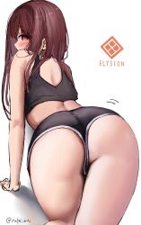 Rule 34 | 1girl, all fours, ass, black shirt, black shorts, breasts, brown hair, crop top, goddess of victory: nikke, highres, large breasts, logo, long hair, official alternate costume, orange eyes, rapi (nikke), rufei bot, shirt, shorts, solo, twitter username