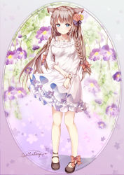 Rule 34 | 1girl, absurdres, animal ear fluff, animal ears, ankle bow, ankle ribbon, blue eyes, blush, bow, braid, breasts, brown flower, brown footwear, brown hair, brown rose, cat ears, closed mouth, collarbone, dress, floral background, flower, full body, hair bow, hair flower, hair ornament, highres, jewelry, leg ribbon, long hair, long sleeves, mary janes, medium breasts, mutang, original, pendant, puffy long sleeves, puffy sleeves, purple bow, purple flower, red bow, ribbon, rose, shoes, side braids, smile, solo, twin braids, very long hair, white dress, yellow flower, yellow rose