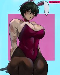 Rule 34 | 1girl, animal ears, breasts, burn scar, chillkk, glasses, green hair, highres, jujutsu kaisen, large breasts, leotard, multiple scars, muscular, muscular female, one eye closed, pantyhose, playboy bunny, scar, scar on arm, scar on face, scars all over, too many, zen&#039;in maki