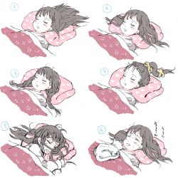 Rule 34 | 1girl, black hair, blush, braid, cat, commentary request, drooling, closed eyes, futon, gomennasai, hair spread out, long hair, multiple views, numbered panels, original, pillow, simple background, sleeping, sweat, twin braids, white background