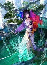 Rule 34 | 1girl, bare shoulders, barefoot, black hair, blue flower, bouquet, branch, closed mouth, colored inner hair, colorful, commentary request, dress, fish, flower, fuzichoco, highres, holding, holding bouquet, leaf, long dress, long hair, looking at viewer, mountain, multicolored hair, no shoes, orange flower, original, pool, purple eyes, purple flower, purple hair, red flower, rose, see-through, see-through dress, solo, standing, strapless, strapless dress, tree, two-tone hair, very long hair, wading, water, waterfall, wet, white dress