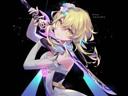 Rule 34 | 1girl, absurdres, amefurin, arms up, artist name, black background, blonde hair, breasts, clothing cutout, dress, feather hair ornament, feathers, flower, genshin impact, hair flower, hair ornament, highres, holding, holding sword, holding weapon, looking at viewer, lumine (genshin impact), medium breasts, scarf, short hair, shoulder cutout, simple background, sleeveless, sleeveless dress, solo, sword, weapon, white dress, white scarf, yellow eyes