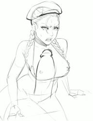 Rule 34 | 1girl, ahoge, beret, bra, braid, breastless clothes, breasts, cammy white, disembodied penis, greyscale, hat, large breasts, lips, lm (legoman), monochrome, nipples, penis, shelf bra, sketch, solo, solo focus, street fighter, sweatdrop, thighs, twin braids, uncensored, underwear, wide hips