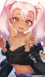 Rule 34 | 1girl, bare shoulders, black camisole, black jacket, blush, breasts, camisole, carbon12th, chloe von einzbern, collarbone, dark-skinned female, dark skin, fate/kaleid liner prisma illya, fate (series), highres, jacket, long hair, long sleeves, looking at viewer, midriff, navel, open clothes, open jacket, open mouth, orange eyes, pink hair, small breasts, smile, thighs, twintails