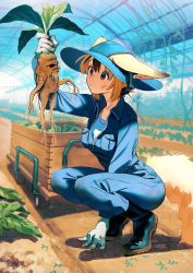 Rule 34 | 1girl, arm up, between legs, black footwear, blonde hair, blue eyes, blue hat, boots, breast pocket, brown hair, closed mouth, commentary request, creature, dirty, dirty clothes, dirty face, ear protection, ears through headwear, full body, gloves, greenhouse, hand between legs, hat, highres, holding, jumpsuit, long sleeves, mandrake, multicolored hair, nashigaya koyomi, original, partially unzipped, pocket, pushcart, rubber boots, short hair, solo, squatting, sun hat, tail, two-tone hair, white gloves, wooden box, zipper