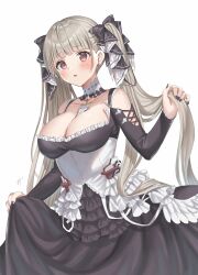 Rule 34 | 1girl, azur lane, black dress, black nails, blush, breasts, cleavage, dress, earrings, formidable (azur lane), frilled dress, frills, grey hair, highres, holding, holding own hair, jewelry, large breasts, long hair, open mouth, oshage (osyage921), red eyes, simple background, skirt hold, solo, stud earrings, twintails, very long hair, white background