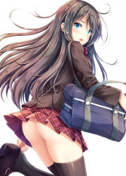 Rule 34 | 1girl, :o, akashio (loli ace), ass, bag, black thighhighs, blue eyes, breasts, commentary request, female focus, from behind, highres, long hair, looking back, messy hair, no panties, open mouth, original, plaid, plaid skirt, pleated skirt, school uniform, simple background, skirt, solo, thighhighs, white background