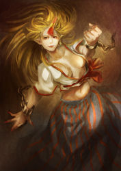 Rule 34 | 1girl, blonde hair, breasts, chain, collarbone, cuffs, female focus, fingernails, highres, horns, hoshiguma yuugi, large breasts, long fingernails, long hair, mak (kainemaru), midriff, nail polish, navel, open clothes, open shirt, pointy ears, raised fist, red eyes, red nails, shackles, shirt, single horn, skirt, smirk, solo, striped clothes, striped skirt, touhou