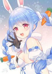 Rule 34 | 1girl, :d, animal ear fluff, animal ears, bare shoulders, black gloves, blue hair, blurry, blush, bokeh, bow, braid, breasts, carrot hair ornament, depth of field, detached sleeves, don-chan (usada pekora), dress, extra ears, food-themed hair ornament, from side, fur-trimmed gloves, fur scarf, fur trim, gloves, gradient background, hair bow, hair ornament, highres, hololive, long hair, looking at viewer, multicolored hair, okanoyuno, open mouth, puffy short sleeves, puffy sleeves, rabbit-shaped pupils, rabbit ears, rabbit girl, red eyes, scarf, short sleeves, sideboob, sidelocks, signature, small breasts, smile, symbol-shaped pupils, teeth, thick eyebrows, twin braids, twintails, two-tone hair, upper body, upper teeth only, usada pekora, usada pekora (1st costume), virtual youtuber, waving, white bow, white dress