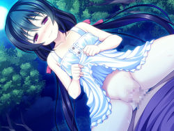 Rule 34 | 1boy, 1girl, artist request, black hair, blush, censored, character request, clothes lift, copyright request, dress, dutch angle, game cg, girl on top, hair ribbon, hetero, long hair, low twintails, moon, mosaic censoring, out of frame, outdoors, penis, pov, pussy, red eyes, ribbon, sex, shiny skin, skirt, skirt lift, sky, smile, source request, straddling, sweat, tree, twintails, vaginal, very long hair, white dress