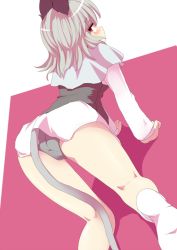 Rule 34 | 1girl, all fours, animal ears, ass, blush, capelet, female focus, from behind, grey hair, grey panties, ishikkoro, looking back, mouse ears, mouse tail, nazrin, panties, red eyes, short hair, solo, tail, touhou, underwear, white legwear