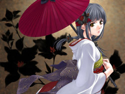 Rule 34 | 1girl, flower, grey hair, japanese clothes, kimono, long hair, oil-paper umbrella, ribbon, solo, umbrella, wallpaper, yellow eyes