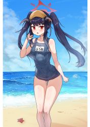 Rule 34 | 1girl, absurdres, beach, black hair, blue archive, blush, breasts, collarbone, commentary request, dorymin, fuuka (blue archive), halo, highres, long hair, looking at viewer, medium breasts, ocean, open mouth, red eyes, school swimsuit, sky, solo, sweat, swimsuit, twintails