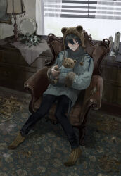 Rule 34 | 1boy, absurdres, animal hat, bear hat, black pants, blue eyes, blue sweater, candle, carpet, chair, ensemble stars!, full body, fur-trimmed sleeves, fur trim, grey hair, hands up, hat, heterochromia, highres, holding, holding stuffed toy, indoors, jiz (pffbq), kagehira mika, lamp, long sleeves, looking at viewer, male focus, pants, pigeon-toed, short hair, sitting, socks, solo, striped clothes, striped socks, stuffed animal, stuffed toy, sweater, teddy bear, turtleneck, turtleneck sweater, window, window blinds, yellow eyes