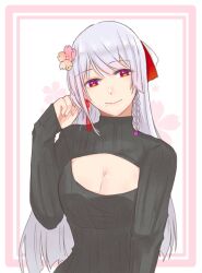 Rule 34 | 1girl, assault lily, black sweater, braid, breasts, cleavage, cleavage cutout, closed mouth, clothing cutout, commentary request, floral background, flower, framed, funada ui, grey hair, hair flower, hair ornament, hair ribbon, hand in own hair, hand up, head tilt, large breasts, long hair, long sleeves, mole, mole under mouth, multicolored eyes, nigari (ngari 0115), outside border, pink flower, purple eyes, red eyes, red ribbon, ribbed sweater, ribbon, side braid, single braid, sleeves past wrists, smile, solo, sweater, upper body, very long hair, white background, white ribbon