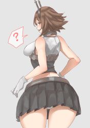 Rule 34 | 1girl, ?, absurdres, ass, bare arms, black skirt, blush, breasts, brown hair, flipped hair, from behind, gloves, green eyes, headgear, highres, kantai collection, large breasts, looking at viewer, looking back, metal belt, midriff, mutsu (kancolle), panties, pleated skirt, short hair, simple background, skirt, solo, spoken question mark, underwear, upper body, uru (uru0000), white gloves, white panties, wide hips