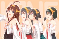 Rule 34 | 10s, 4girls, ahoge, black hair, breasts, brown hair, detached sleeves, fikkyun, glasses, hands on another&#039;s shoulders, haruna (kancolle), hiei (kancolle), kantai collection, kirishima (kancolle), kongou (kancolle), long hair, looking at viewer, microphone, multiple girls, nontraditional miko, remodel (kantai collection), short hair, sideboob, simple background