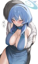 Rule 34 | 1boy, 1girl, ako (blue archive), ako (dress) (blue archive), black hairband, blue archive, blue dress, blue eyes, blue hair, blush, breasts, cleavage, collarbone, dress, hair between eyes, hairband, highres, large breasts, long hair, official alternate costume, open mouth, otsumami (02mami), sensei (blue archive), sideboob, simple background, sleeveless, sleeveless dress, white background