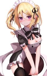 Rule 34 | 1girl, alternate costume, back bow, black bow, black bowtie, black thighhighs, blonde hair, blush, bow, bowtie, breasts, chloe (princess connect!), cleavage, closed mouth, cowboy shot, dress, elf, embarrassed, enmaided, female focus, frilled sleeves, frills, garter straps, hair ornament, hairclip, highres, holding, holding tray, long hair, looking at viewer, maid, maid headdress, medium breasts, pointy ears, princess connect!, puffy short sleeves, puffy sleeves, purple eyes, sazamiso rx, short dress, short sleeves, simple background, solo, thighhighs, tray, twintails, v-shaped eyebrows, white background, white bow, zettai ryouiki